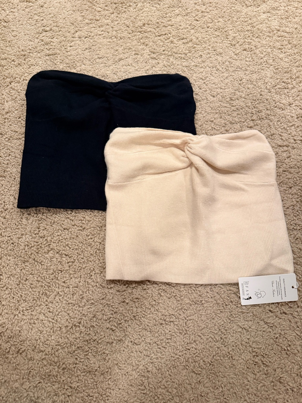 Stretch Ribbed Knit Strapless Tops - Cream and Black